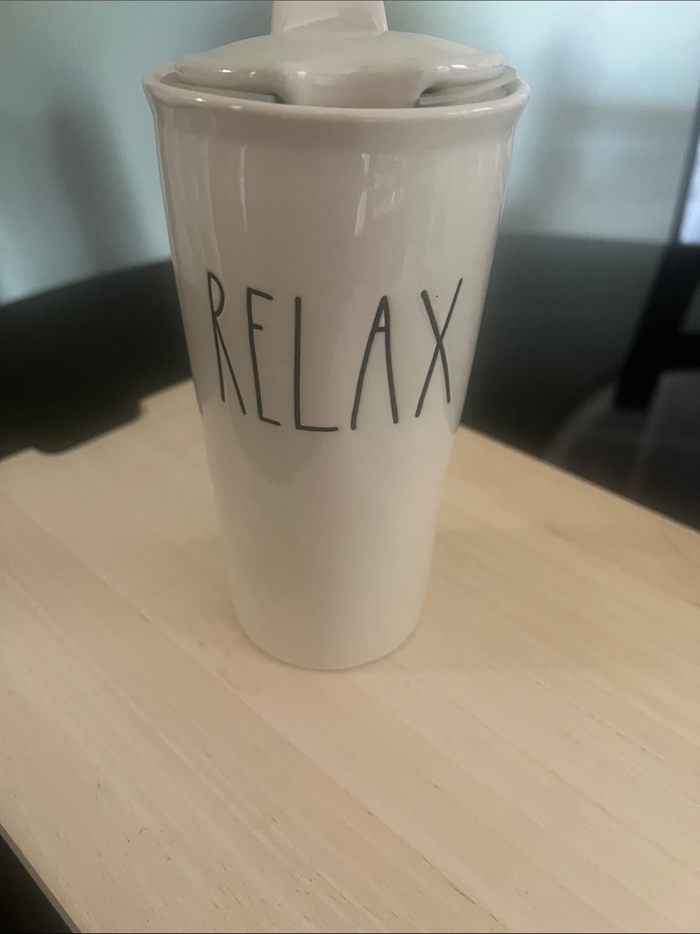 Rae Dunn White RELAX Ceramic Travel Mug